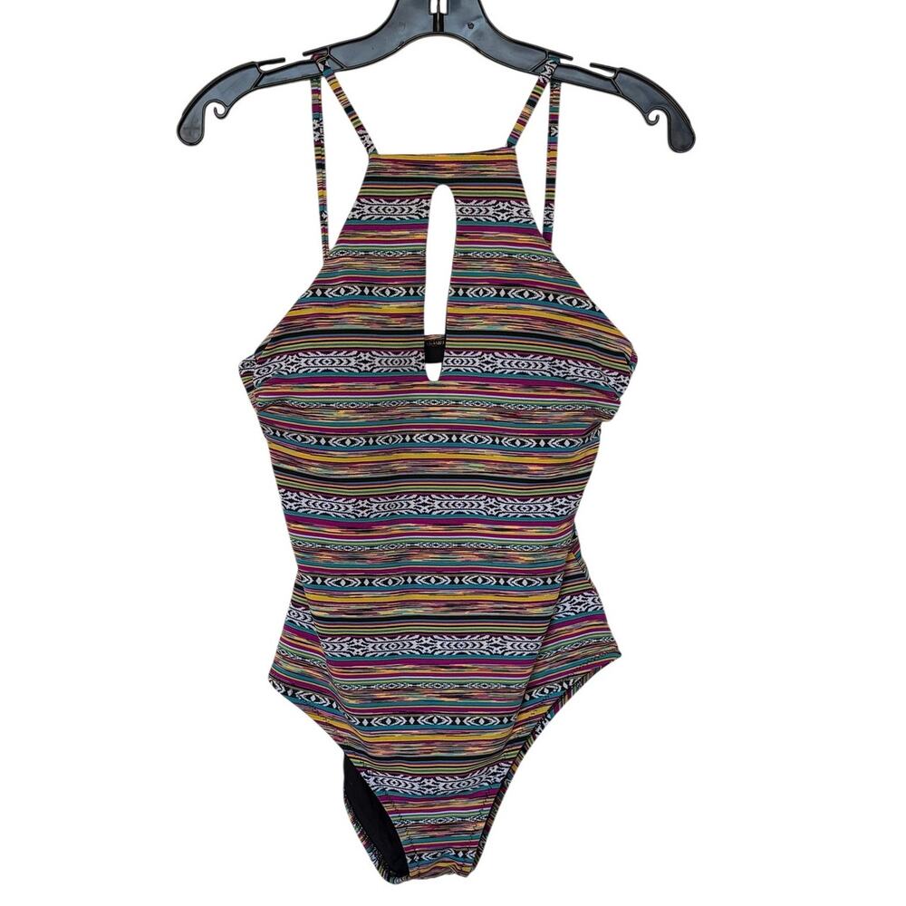 Becca One Piece Multi Striped Swimsuit w Keyhole and Ladder Back Cut Outs size L